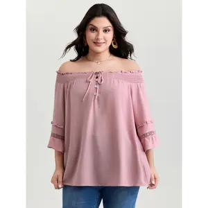 BloomChic Women's Plus Size Supersoft Rayon Fabric Smooth Top - Neck-Lengthening Lace Trim Shirred Off-Shoulder Shirt with Flattering Fit, Short Sleeves, M-6X Sizes, 2026 Summer Mother's Day Pick,summervibes Womenswear Garment Swimweek