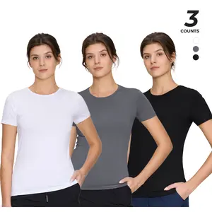 3-Pack Underscrub Short Sleeve Women - White, Black, Grey - Round Neck Scrubs Undershirt Soft Stretch T-Shirt Summer Everyday Fit