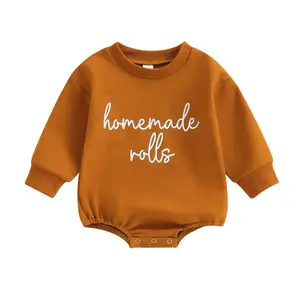 0-3 Months Baby Thanksgiving Romper Cotton  Letter Embroidery Long Sleeves Round Neck Sweatshirt Jumpsuit