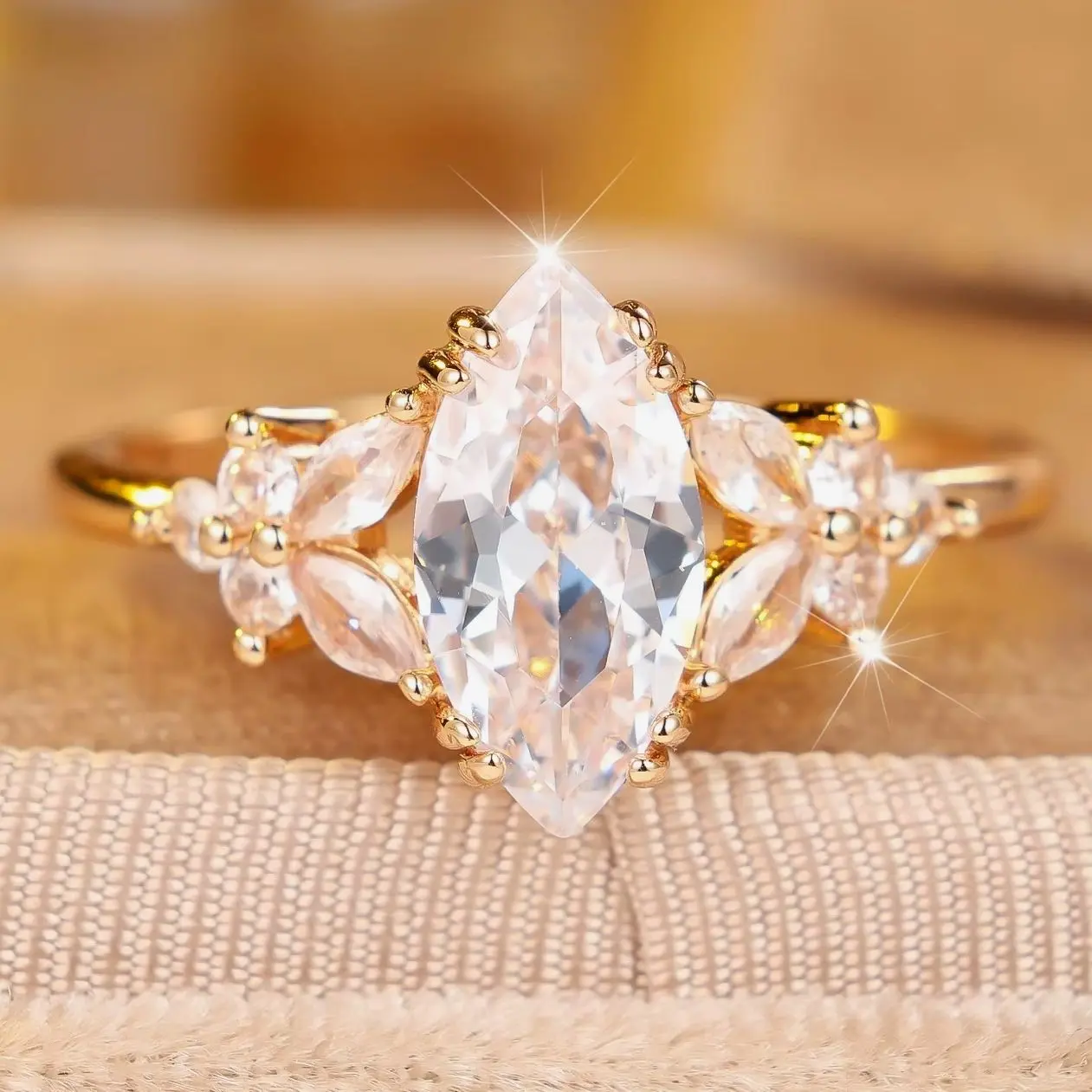 White Zircon Butterfly Ring, Vintage Gold Plated Wedding Jewelry for Women