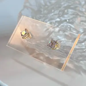 14K Solid Gold Square Stamping Cubic Zirconia Stud Earrings - 3mm-7mm