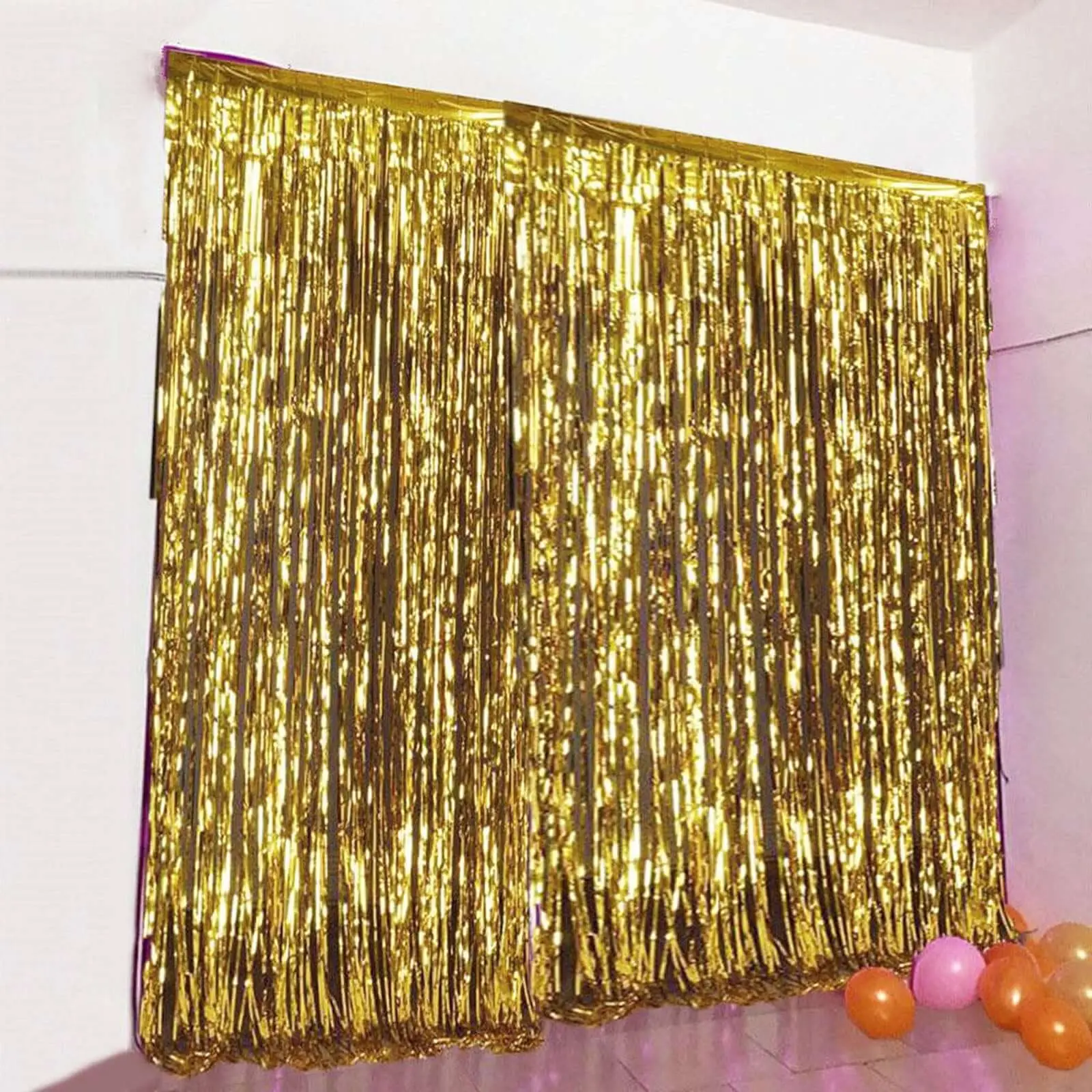 8ft Gold Metallic Tinsel Foil Fringe Doorway Curtain, Festive Party Backdrop & Banner, Banners