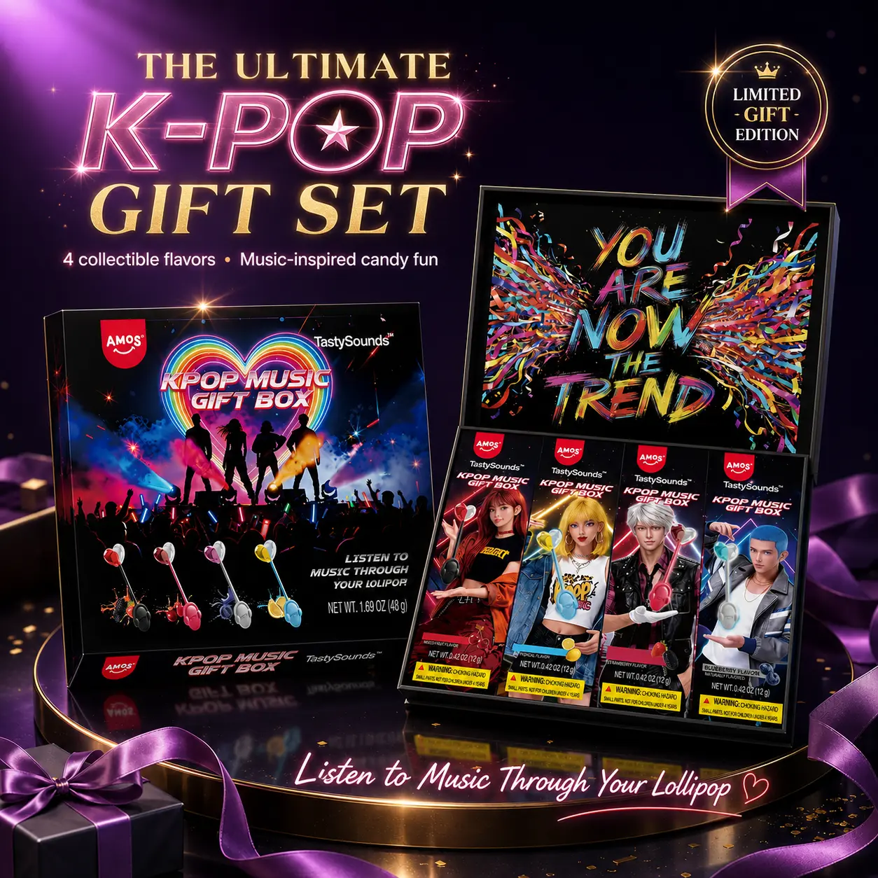 AMOS K-Pop Music Gift BoxTastySounds – Bone Conduction Audio Lollipop Candy, Listen Through Your Mouth, Fun Tech Candy Set with Multiple Flavors, Unique Party Gift