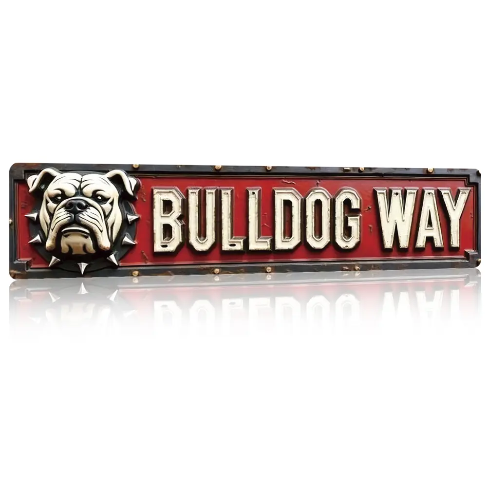 Vintage Rustic "Bulldog Way" 4x16in Aluminum Sign - Bold 3D Bulldog Head with Spiked Collar for Home Bar Man Cave & Garage Decor