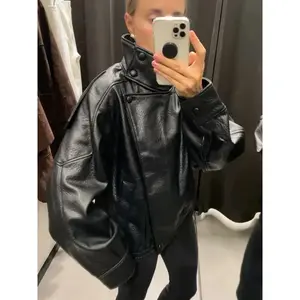 HH Autumn Women's Street Fashion Loose Leather Jacket Long Sleeves Turtleneck Zipper With Pockets Asymmetric Vintage Coats