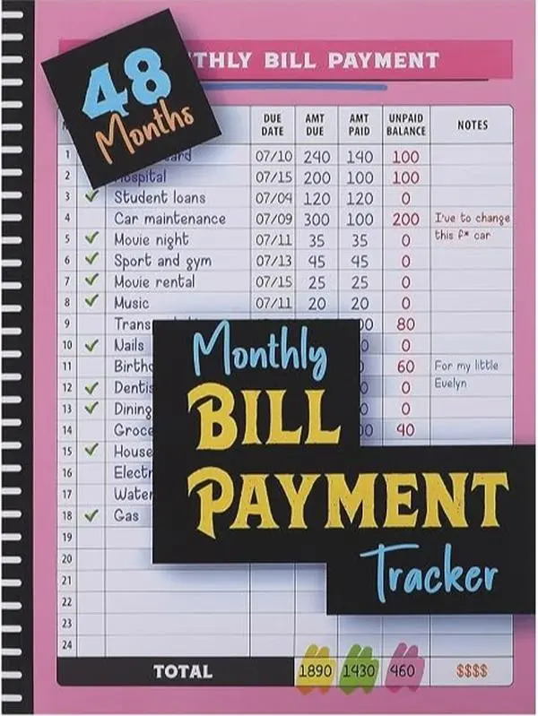 Bill Tracker Notebook: 48 Month Expense Checklist with Spiral Binding - Financial Planner Book Monthly Expense Tracker for Budget Planning Bill Payment, Pink