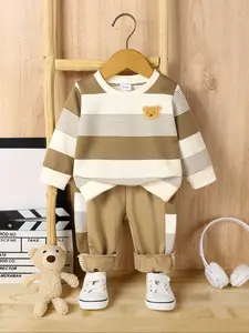 Baby Boys' Bear Patch Striped Long Sleeve Sweatshirt & Pants Set, Casual Fashion Cozy Outfit for Fall & Winter, Ideal Gift, Baby Boy's Clothes for Daily Wear and Outdoor Activities, Baby Clothing