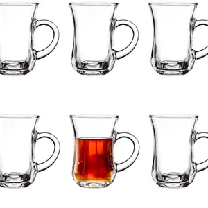 UMS Turkish Tea Glasses with Handle - 6 pcs Tea Cups, Slim Waist Design and Thick Sole, 145cc Capacity, 4 3/4 Oz, 2.5" x 4H - Drinkware