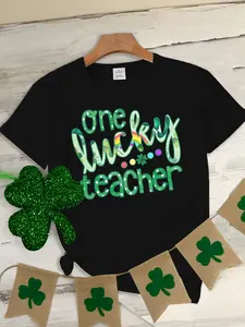 [1pc St. Patrick'S Day Funny T-Shirt] St. Patrick'S Day Themed T-Shirt, "One Lucky Teacher" Print, Casual Crew Neck, Short Sleeve, Polyester Knit Top with Applique, for Spring/Summer