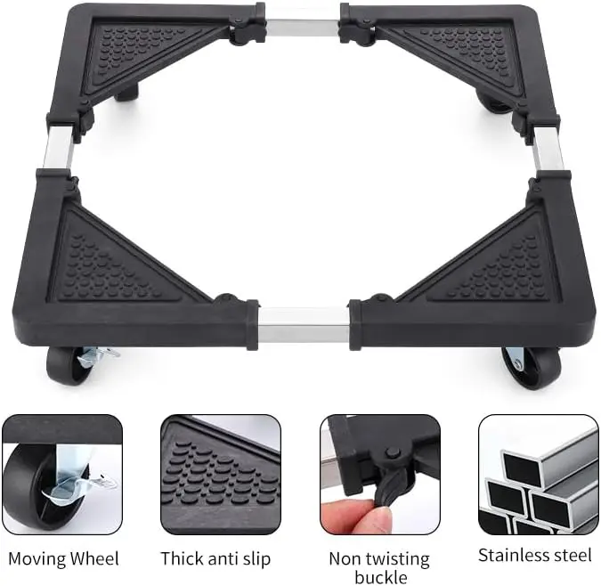 Adjustable mobile appliance base with 2 swivel locking casters, easy to install, anti-twist design, suitable for washing machines, refrigerators, and dryers