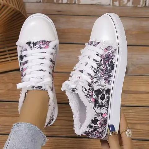Men's Gothic Skull Print Canvas Low-Top Lace-Up Casual Sneakers - Round-Toe Fabric Wedge Ankle Walking Shoes, Athletic Casual Shoe Style 1, Halloween Streetwear All-Season Footwear (US Size 37)