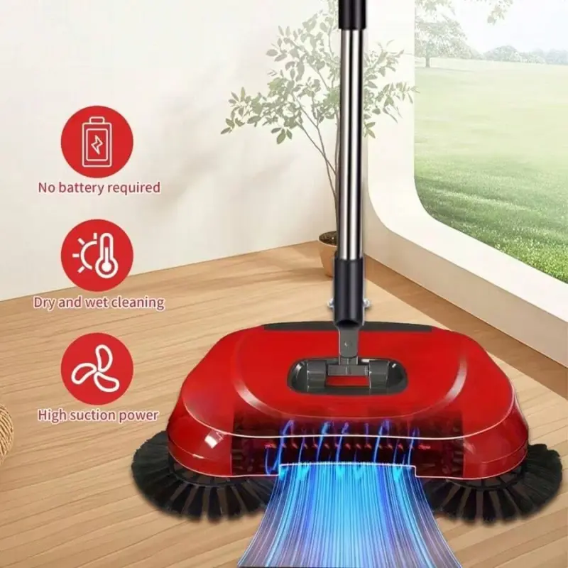 3-In-1 Manual Push Sweeper, No Electricity Needed For Vacuum Cleaning, Slouchy Person's Push Broom Mop, Can Remove Debris, Pet Hair And Dust, Dry And Wet Use, Suitable For Hardwood And Tile Cleaning, (Packaged With Reinforced Transparent Tape Sealing), Re