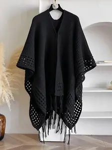 Women's Solid Color Fringe Trim Cape Shawl, Casual Versatile Boho Style Scarf for Beach Vacation Travel, Fashion Accessories for Women & Girls