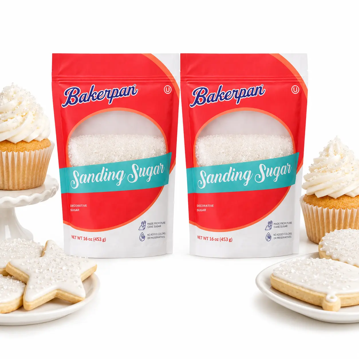 Bakerpan 2 Pack Sanding Sugar for Baking & Cookie Decorating - 16 Ounces Sparkling Sugar Sprinkles for Cookies, Cakes, Cocktails (Made In USA)