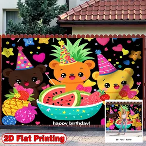 2D Flat Banner, 1pc with Cartoon Birthday Pineapple Black Theme - Polyester Fabric Photography Backdrop & Party, Ideal for St Patrick Day, Ramadan, Birthdays, Cake Tables, Portraits, Party Decorations, Indoor and Outdoor Celebrations