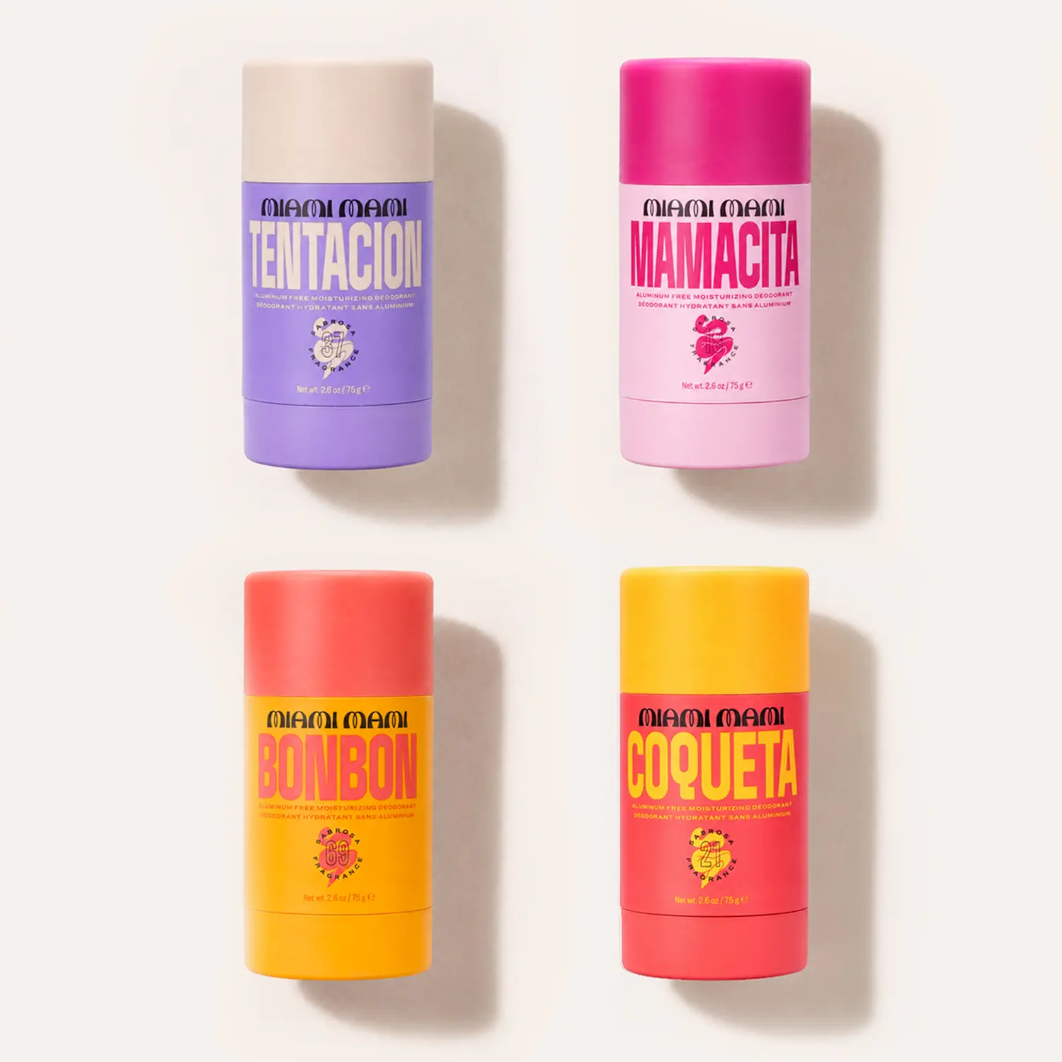 Miami Mami Women's Deodorant Stick - 4 Scents - Bonbon, Mamacita, Tentacion & Coqueta - Fruity Floral & Gourmand Fragrance - 2.6 oz / 75g - Pistachio, Caramel, Tropical Fruit, Violet, Plum & Vanilla - Everyday Scent - Great Value Deodorant