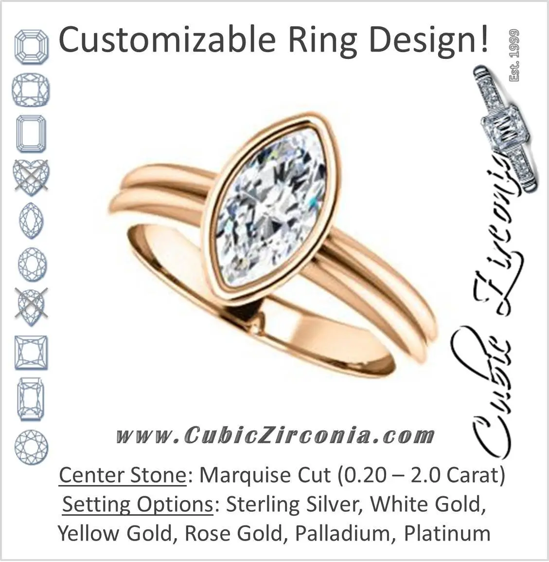 Cubic Zirconia Engagement Ring- The Stacie (Customizable Bezel-set Marquise Cut Solitaire with Grooved Band)