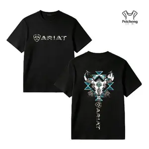 cotton Ariat Tribal Skull T-Shirt – Western Bull Skull & Feathers Graphic with Blue Aztec Patterns – Unisex Tee for Country Style-Western Bull Skull Graphic Tee for Men, Aztec Longhorn Print Cotton T Shirt, Cowboy Streetwear Shirt tshirt summer
