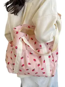 Strawberry Print Corduroy Shoulder Bag, Large Capacity Storage Tote, Simple Versatile Multi-Functional Design, Fashion Daily Use, Casual Trendy Bag