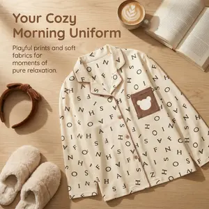 Women's Aesthetic Preppy Style 2-Piece Alphabet Print Long-Sleeve Pajama Set, Soft Button-Down Top with Cute Bear Pocket & Pants, Essential Nightwear for Fall Winter College Dorm Home Wear