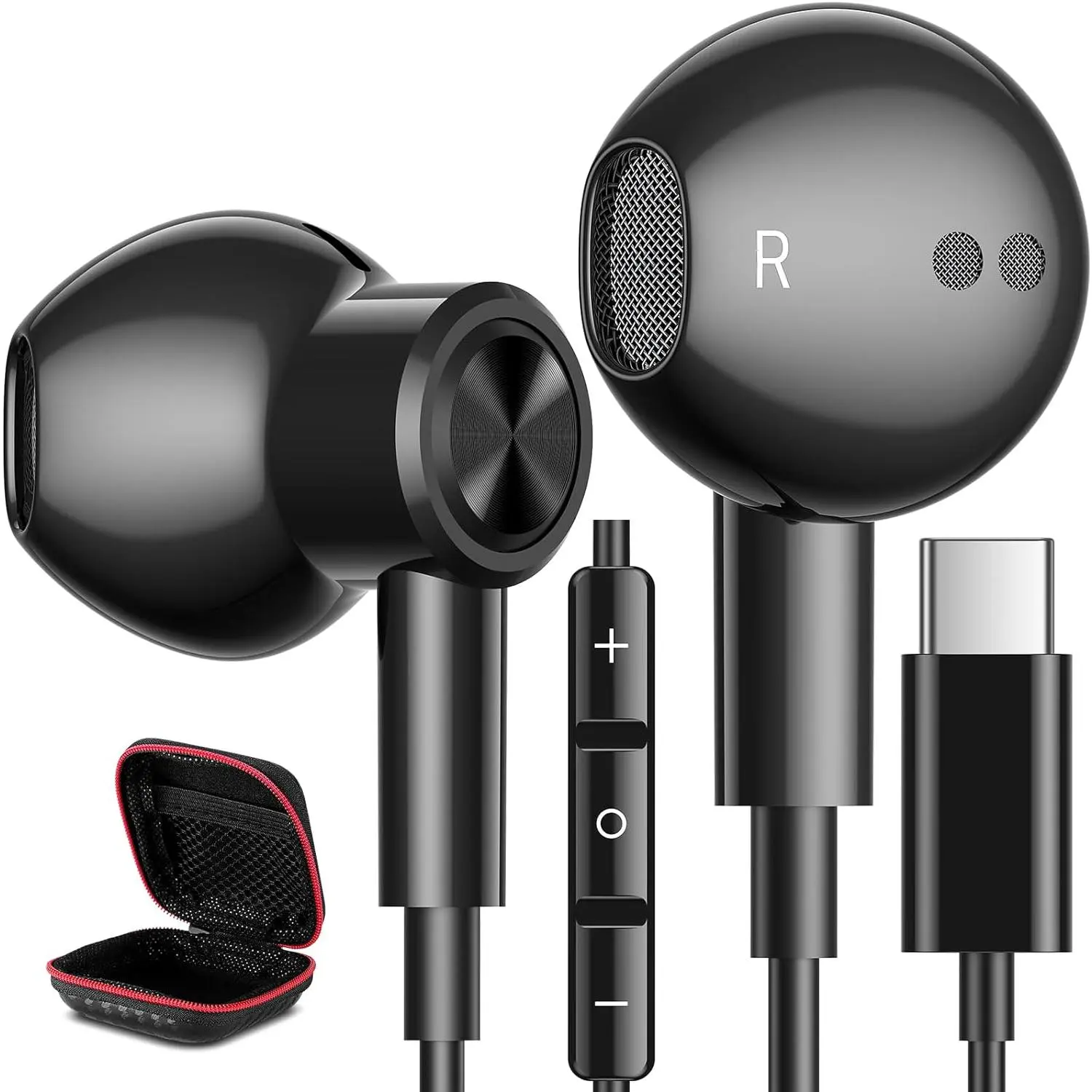 USB C Headphones Type C Earphones for  Galaxy S25 Ultra S24 Plus S23 S22 S21 S20 HiFi DAC Magnetic for  Wired Earbud with Microphone for iPhone 15 16 Pro Max 16e Android Pixel 10 9 8 Black