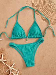 Two-Piece Set Women's Textured Bikini Set, Halter Triangle Swim Top & High Cut Two Piece Swimsuit, Ladies Summer Swimwear, Beach Bikini Set, Adjustable Strap Bikini