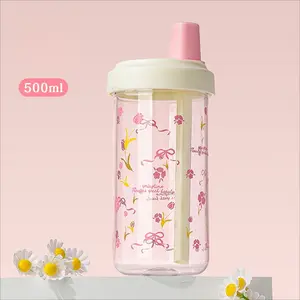 1Pc 500ML Printed Straw Water Bottle, Clear Portable Lightweight Reusable Drinking Cup with Lid, Perfect for Home, Office, School & Outdoor Use, Drinkware, Travel Water Bottle, Portable Sports Bottle
