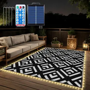 Outdoor Rug 5x8Ft, 80LEDs Solar Powered Outdoor Camping Rug, Waterproof Plastic Reversible Outdoor Rug Mat for RV Camping Patio Beach Balcony House Deck Picnic