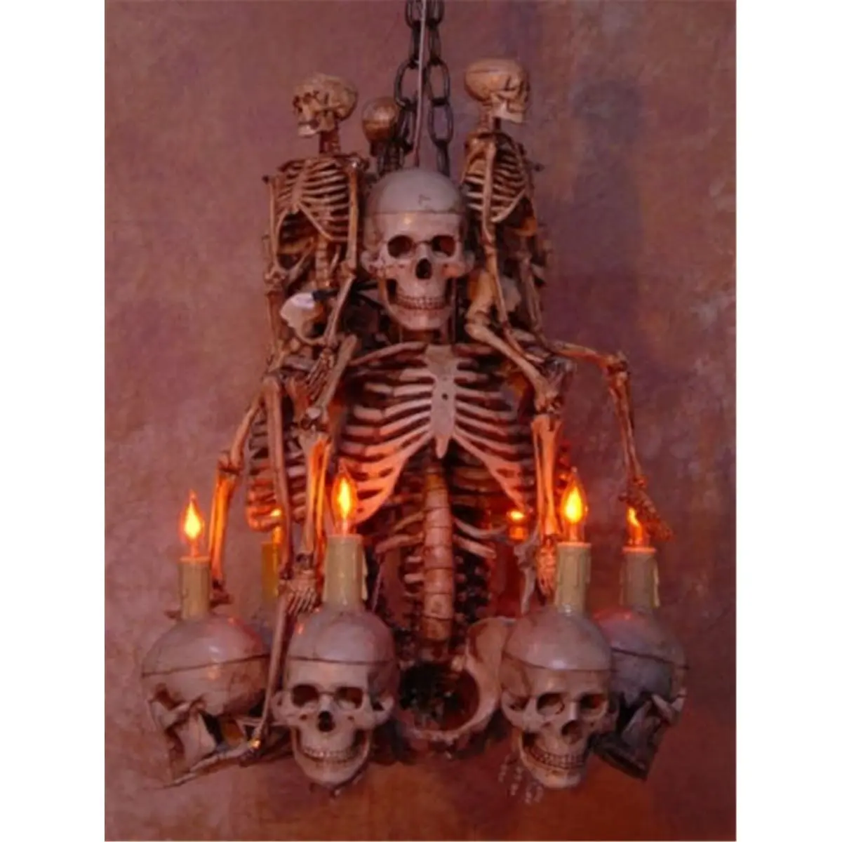 212 MAIN Gothic Halloween Skeleton Chandelier - Wall-Mounted Home Hanging Ornament with 3 Medium & Small Skeletons Holding 6 Skulls