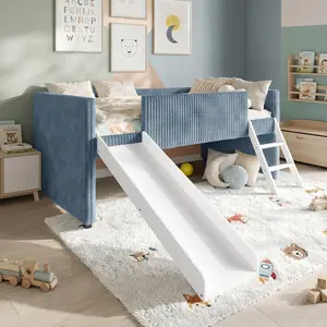 Favorer Totowa Kids Upholstered Low Loft Bed with Slide & Ladder, Soft Corduroy Fabric Twin Loft Bed for Boys & Girls, Light Blue