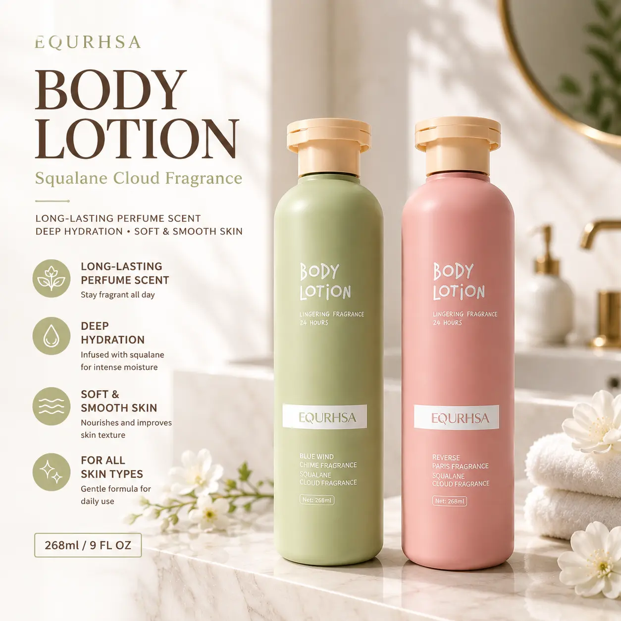 EOURHSA Squalane Cloud Fragrance Scented Body Lotion - 9oz Daily Body Care Moisturizer, Long-Lasting Perfume, Hydrating Cream for Soft Smooth Skin (Blue Wind Chime & Reverse Paris Fragrance)