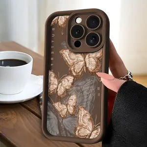 Vintage-Style Phone Case with a Brown Background: Features a Light Brown Butterfly Sketch, Compatible with Iphone 17, 16, 15, 14, 13, 12, 11 Pro Max.