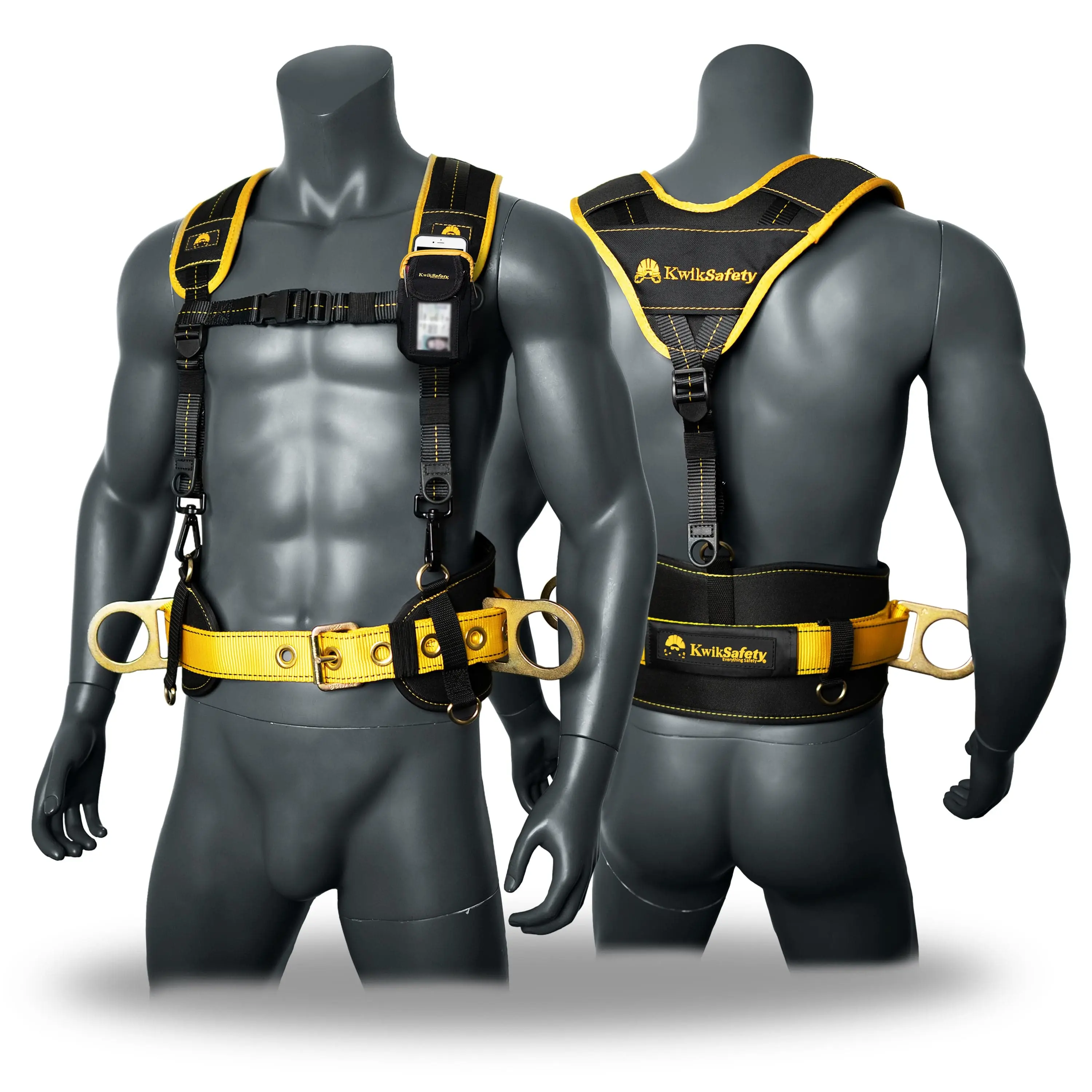 KwikSafety BEAVER TAIL Safety Belt & Suspension Straps (DETACHABLE ID/PHONE POCKET) OSHA 2 D-Ring Shoulder & Back Support - Model No.: KS6103