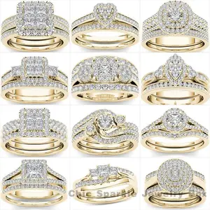 Luxury Wedding Engagement Lover's Ring Set Bling Iced Out Zircon Crystal Ring for Couple Women Men