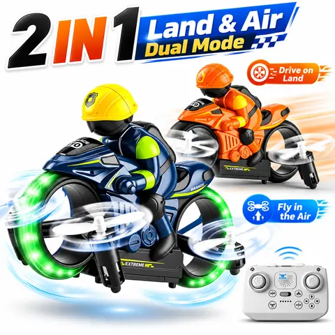 2-in-1 RC Flying Motorcycle Drone - Remote Control, 360° Flying Stunts, LED Lights, 2 Batteries, Land/Air Dual Mode, Easy-to-Use Kids Toys, Electric Hobby Toy