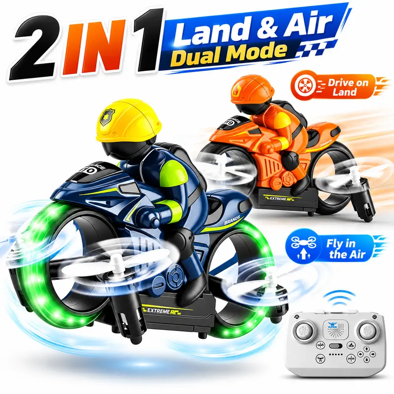 2-in-1 RC Flying Motorcycle Drone - Remote Control, 360° Flying Stunts, LED Lights, 2 Batteries, Land/Air Dual Mode, Easy-to-Use Kids Toys, Electric Hobby Toy