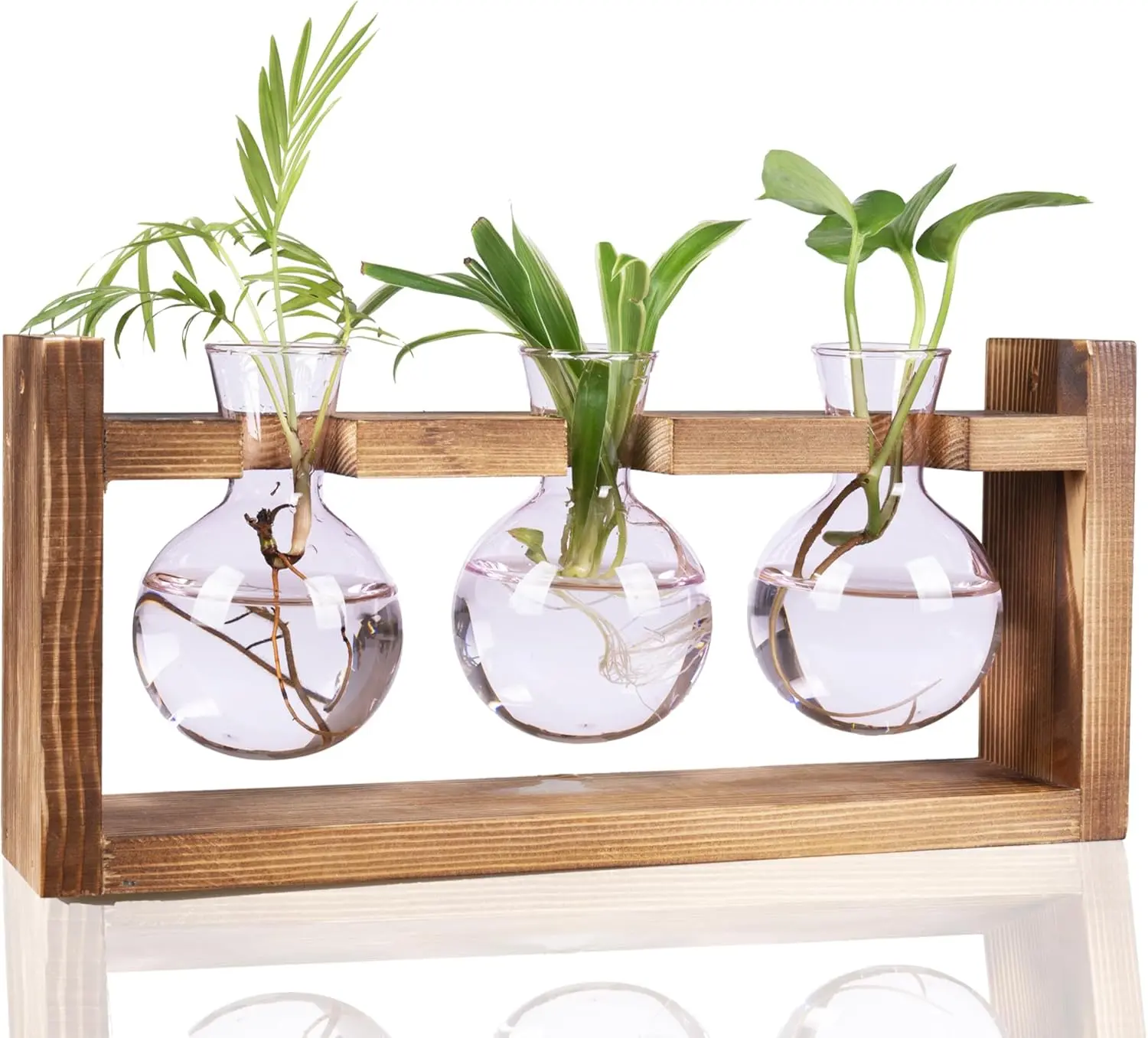 Glass Plant Terrarium With Retro Wood Stand 3 Bulbs Propagation Station Desktop Plant Vase Home Garden Decor Gift