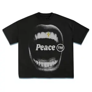 Vintage Bold Statement Peace Graphic T-shirt with Artistic Mouth Print Graphic Tee