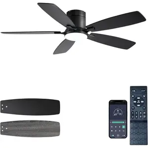 Ceiling Fans with Lights, 52 inch Low Profile Ceiling Fan with Light and Remote Control, Flush Mount, Reversible , Dimmable, Noiseless, Black Ceiling Fan for Bedroom, Indoor/Outdoor Use