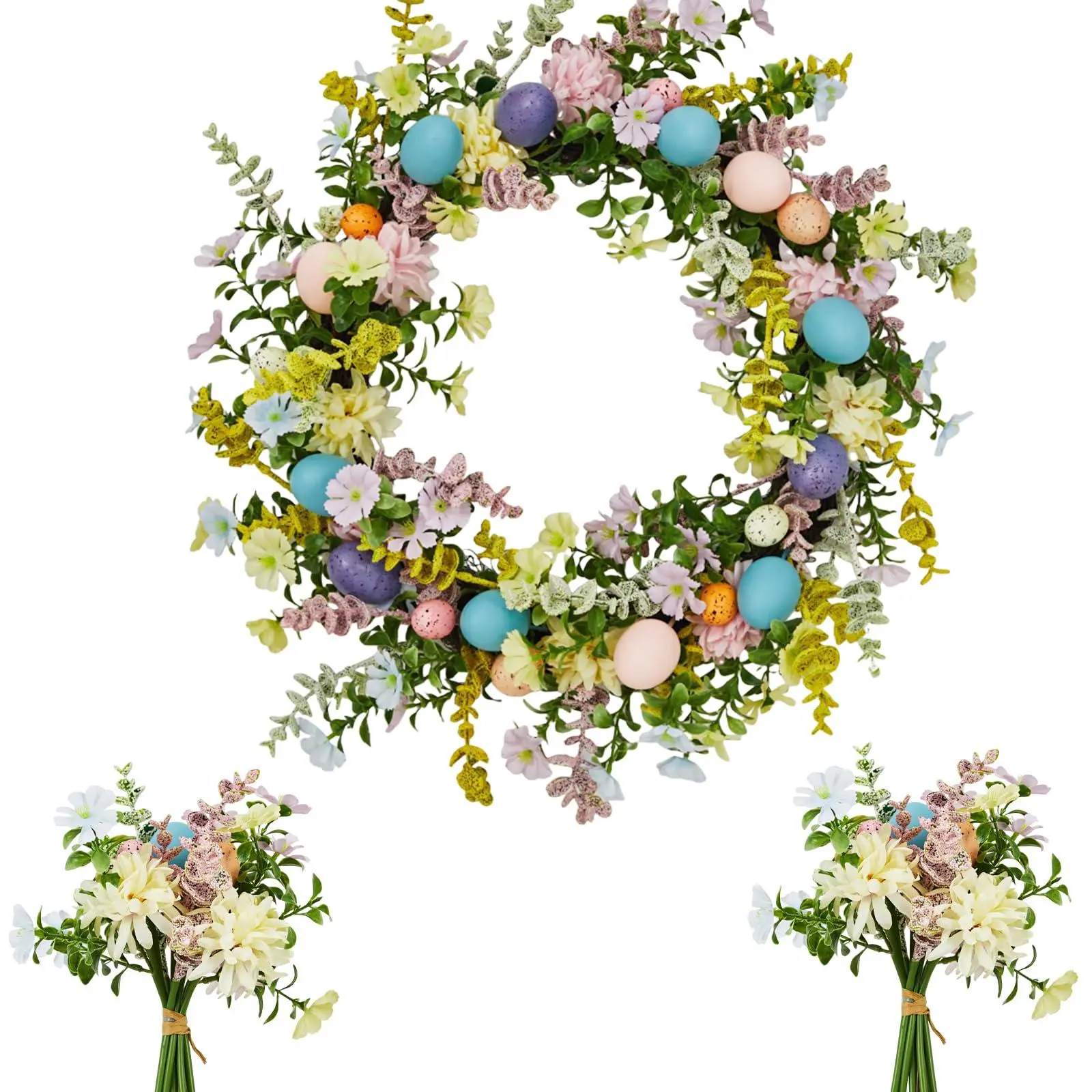 Easter Wreath for Front Door – 18in Spring Flower Wreath with Easter Eggs & Lush Greenery, Artificial Floral Door Wreath on Real Rattan Base, Includes 2 Matching Bouquets for Spring Front Door Decor