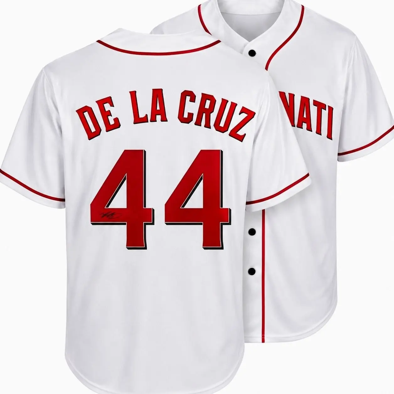 All-over Print Baseball Jersey Without Piping, White Red Baseball Uniform, De La Cruz #44 Facsimile Autographed Jersey Q