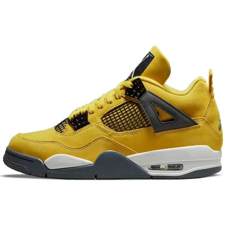 Nike Air Jordan 4 Retro 'Lightning' 2021 Men's Iconic Sneaker - Tour Yellow, Cement Grey, Nubuck, Black Mesh, Visible Air Cushioning, Premium Design & Materials, Retro Look - For Sneaker Collectors, Streetwear Fans