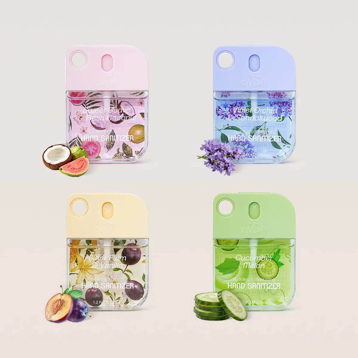 Wish Moisturizing Hand Sanitizer Spray, 4-Pack with Violet Orchid, Guava Coconut & Plum Vanilla Scents, 1.2 fl oz, Cucumber, Glycerin, Floral, Youth, Purse-Sized Hand Sanitizers, Skin Health Hand Sanitizers