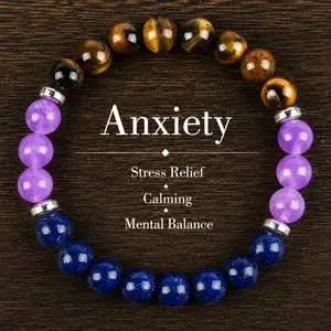 Reduce Stress Relieve Anxiety Crystal Bracelet Beaded Tiger's Eye Stone Jewelry For Men And Women,  Beaded Jewelry,  first  bracelet pulsera  amatista unity  bracelet protection  fashion artificial Colorblock Beaded Crystal Bracelet    chakra bracelet