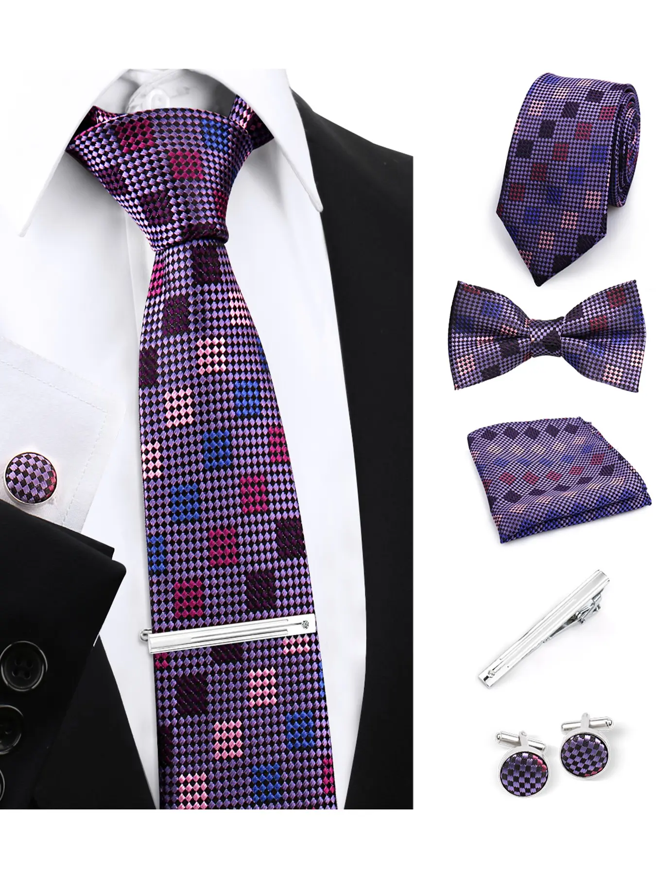 Men's Casual Striped Polka Dot Tie Set, 5-Piece Includes Bowtie, Pocket Square, Cufflinks, Tie Clip Wedding Party Accessories, All Seasons Wear