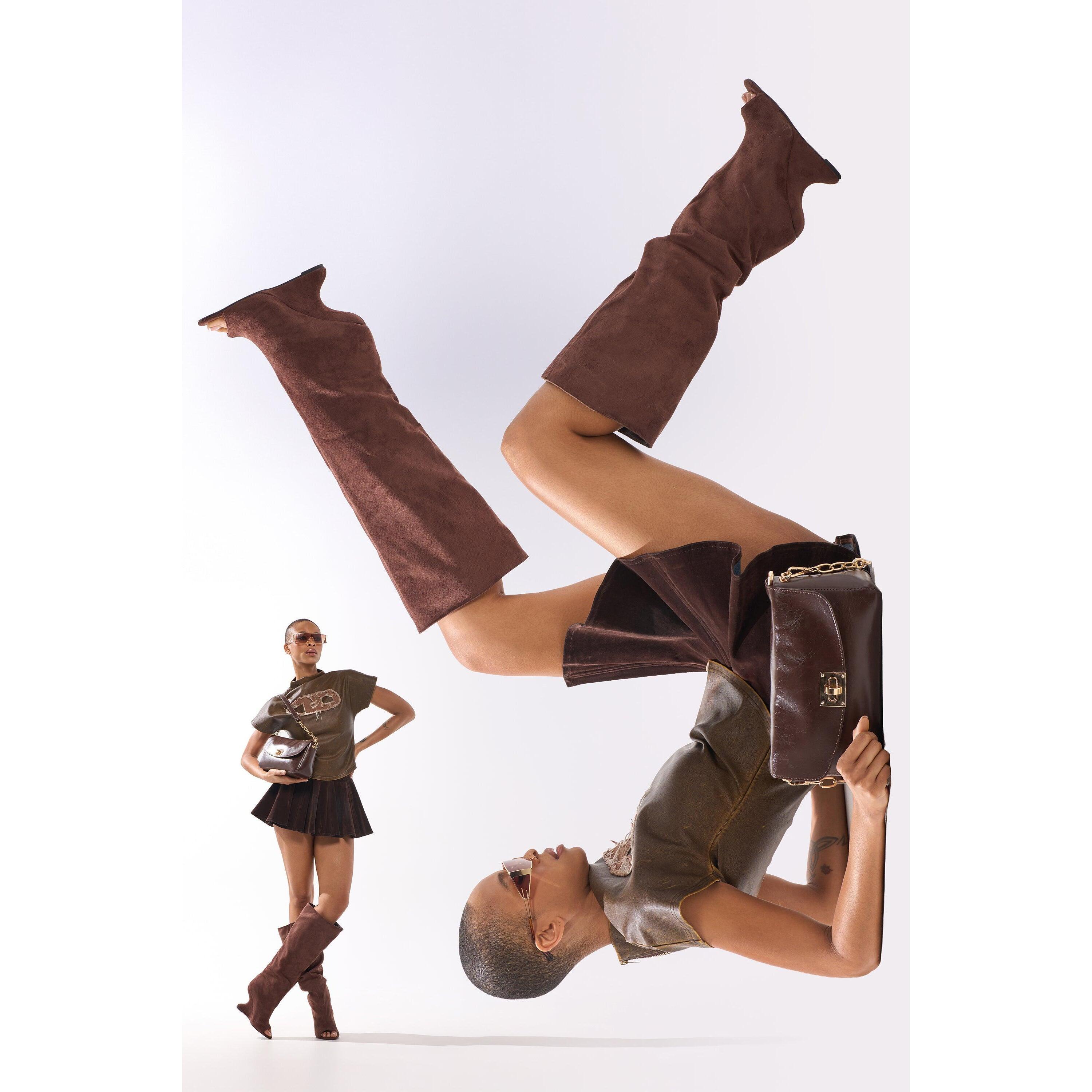 AZALEA WANG VINCENT BROWN SUEDE OPEN TOE BOOT