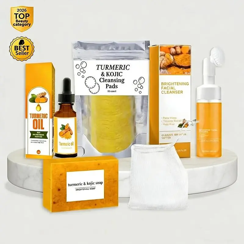 Unisex Turmeric Skincare Multi-Pack Kit for Normal Skin (5-Count Set) - Facial Cleansing Pads, Soap, Oil, Cleansing Mousse, Lathering Net - Valentine's Day Gift