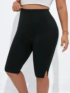 Plus Size Side Slit Tight Shorts, Casual Elastic Yoga Gym Shorts, Women's Plus Size Clothing, Daily Wear, Comfortable and Stylish