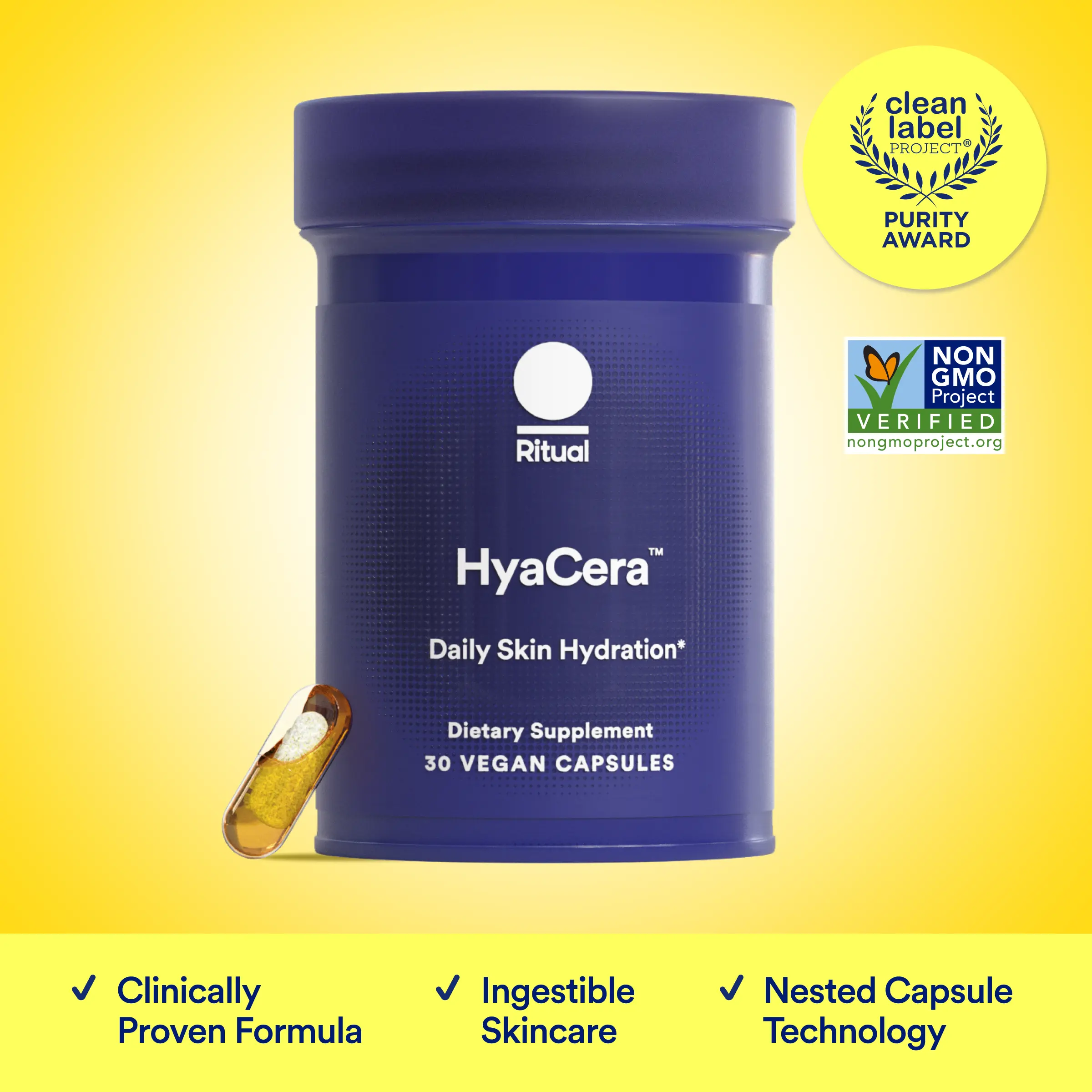 Ritual HyaCera - Hyaluronic Acid Skin Supplement - With Hyabest and Ceratiq - Clinically Proven to Reduce Wrinkles, Fine Lines & Improve Skin Smoothness** - Vegan - Vanilla - 30 Capsules - 30 Servings