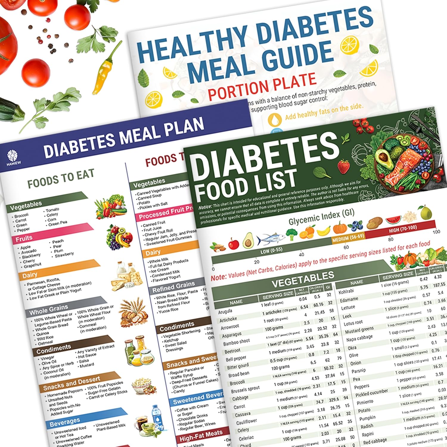 3 Pcs Diabetes Food List & Meal Planner - Low GI Foods, Calories, Glycemic Index, and Vitamin Chart Recipes Nutrition Gu
